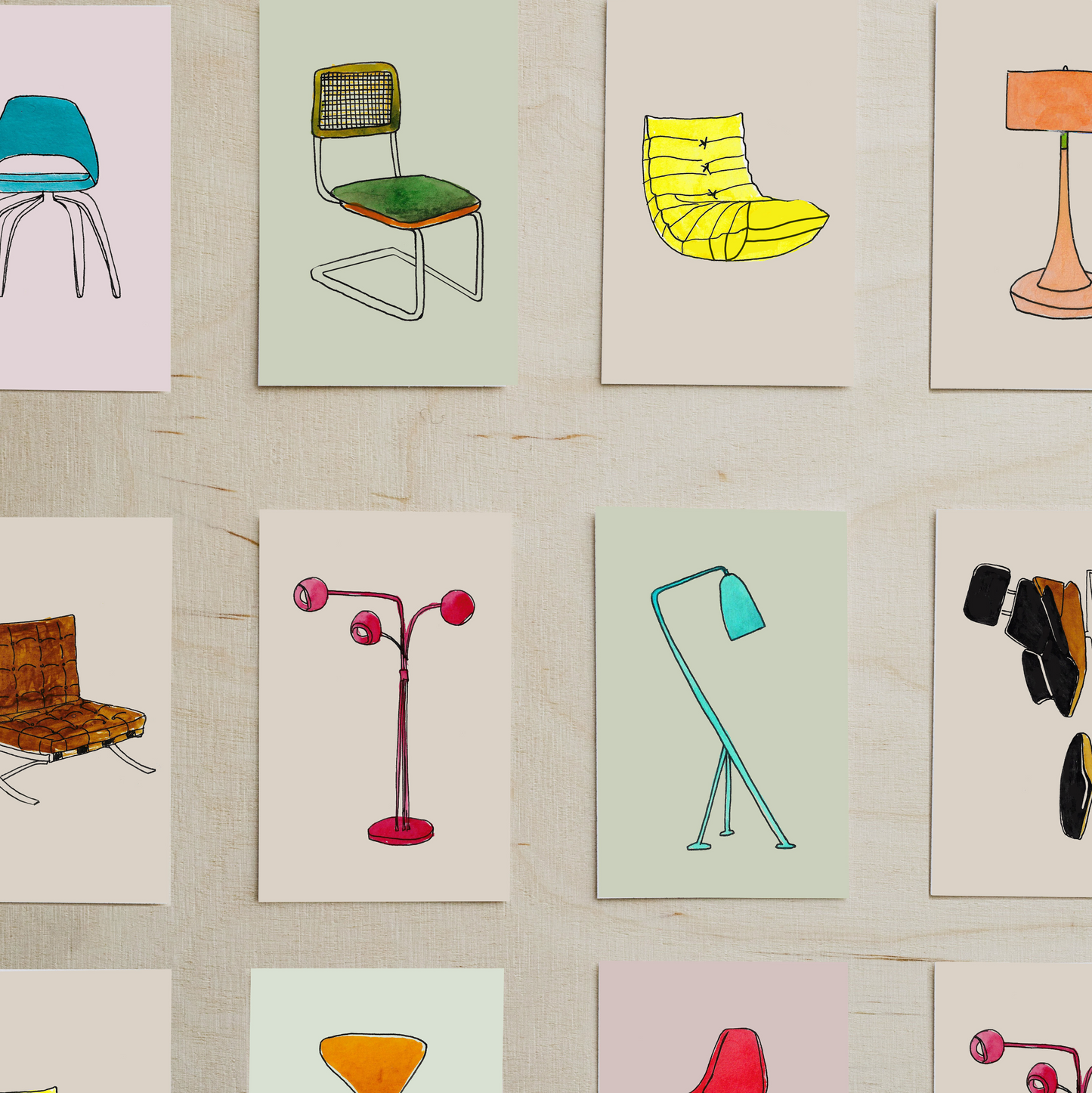 Pack of 10 Postcards of Midcentuy-Modern Furniture Illustrations