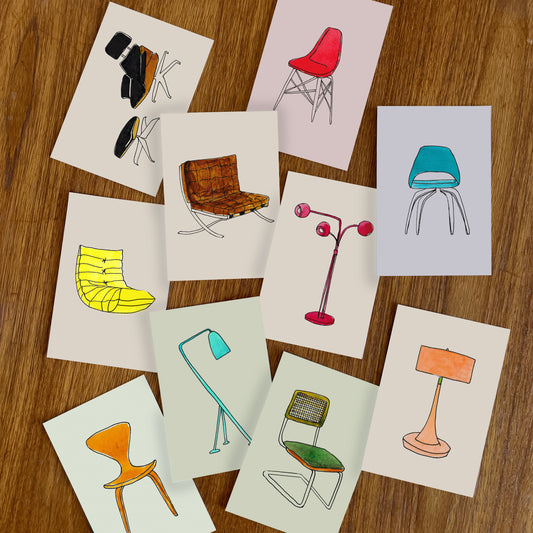 Pack of 10 Postcards of Midcentuy-Modern Furniture Illustrations