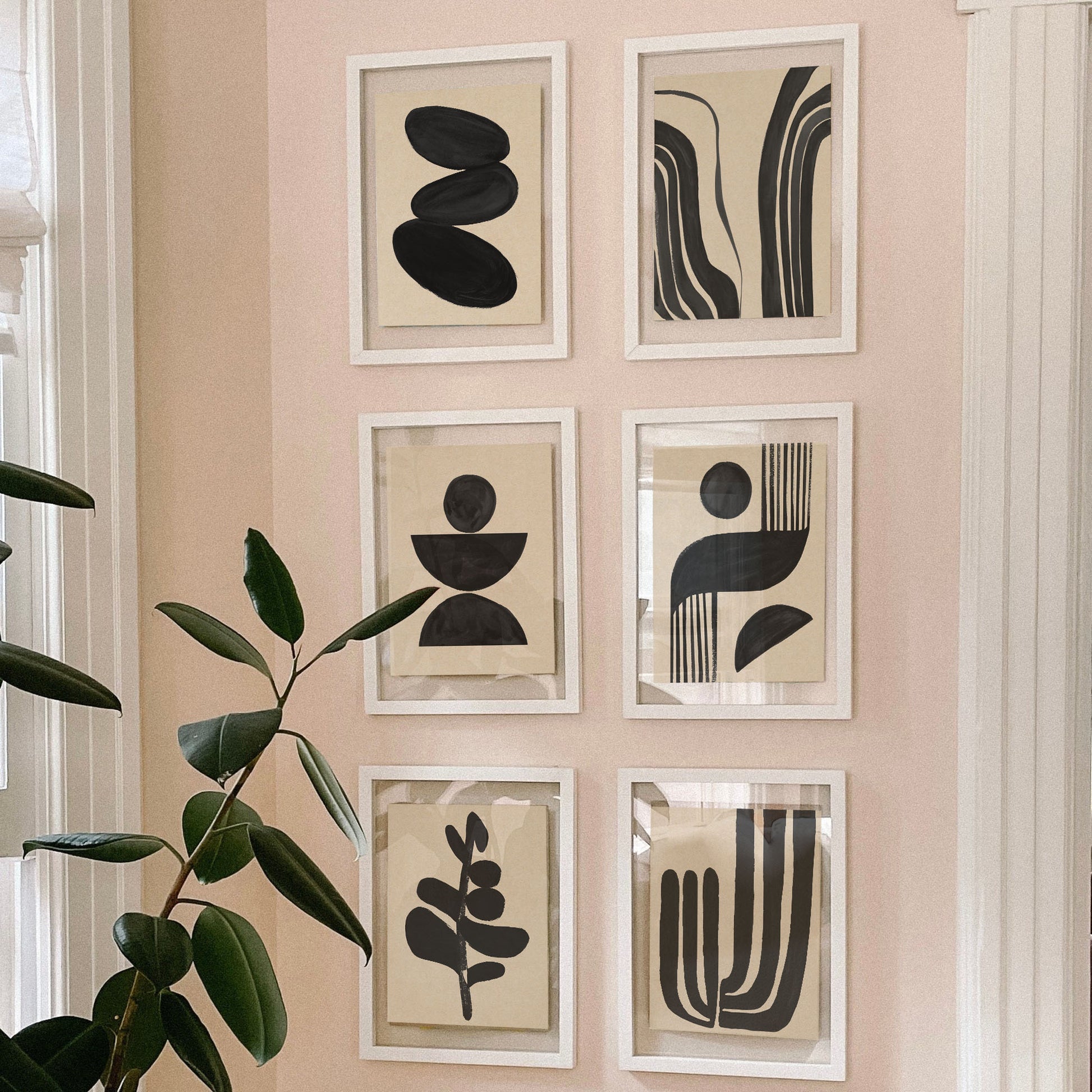 Set of six mid century modern wall gallery set black and beige abstract modern